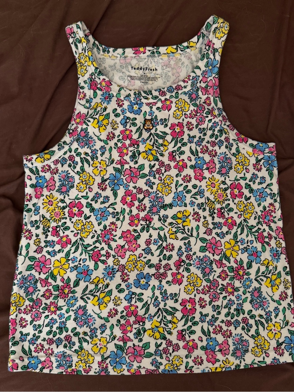 Teddy Fresh Floral Tank Top — White Ground with Pink, Yellow & Blue Flowers